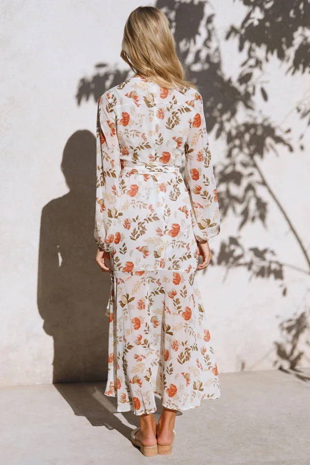 

2021 Autumn And Winter Round Neck Print Floral Chiffon Long-sleeved Dress Commuting Vacation Irregular Pleated Skirt Long Skirt