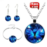fashion butterfly art photo jewelry set glass pendant necklace earring bracelet totally 4 pcs for womens fashion party gifts