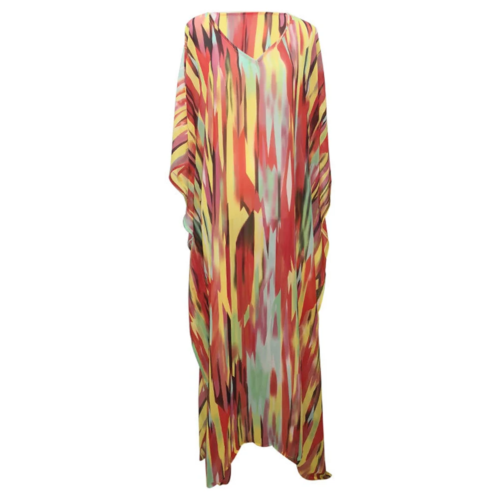 New Colourful Beach Dress Oversize Bikini Cover Up Tie Dye Chiffon Wear Batwing Sleeve Mujer 2020 Maxi Pareos De Pla | Женская одежда