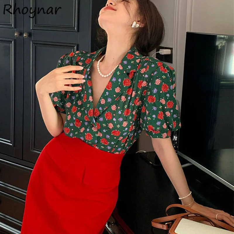 

Sets Women Summer Floral New Puff Sleeve Chiffon Shirts Retro Red Skirts Elegant Outfits Notched Cropped Knee-length Slim Mujer