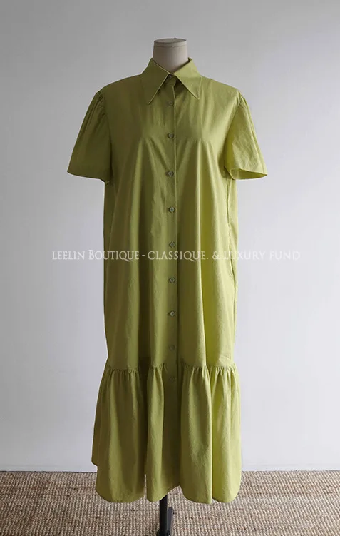 

Women's V-neck, short sleeves, buttons, solid color cotton and linen series, casual loose and comfortable fashion dress