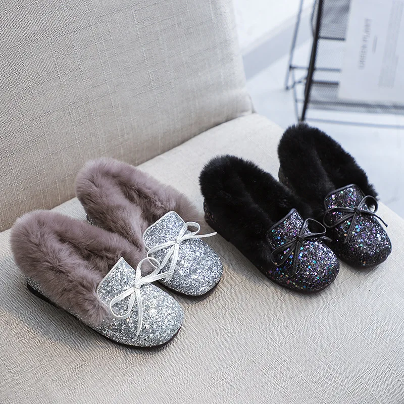 

Faux Rabbit Fur Girl's Flat Shoes Fashion Sequins Velvet Fluffy Flats Casual Shoes Warm
