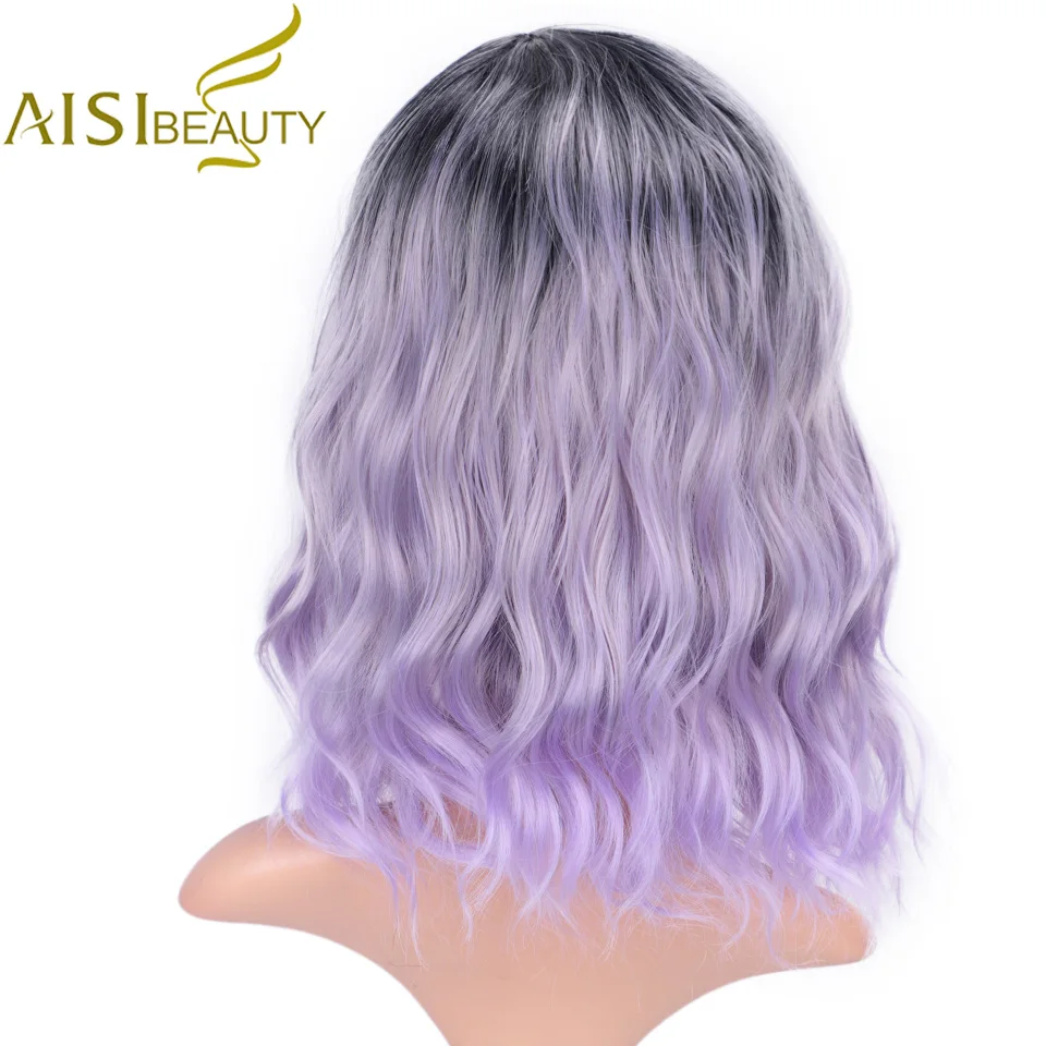 AISI BEAUTY Ombre фиолетовый короткий парик 14 дюймов волна воды синтетические парики для женщин розовый блонд седой милый Косплей Женский накладные волосы