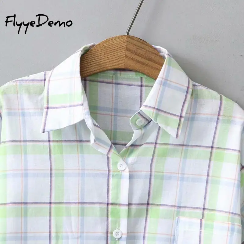 

2021 New Woman Vent Vintage Plaid Shirt Single Breasted Turn Down Collar Cotton Long Sleeve Button Feminina Sales Plus Size