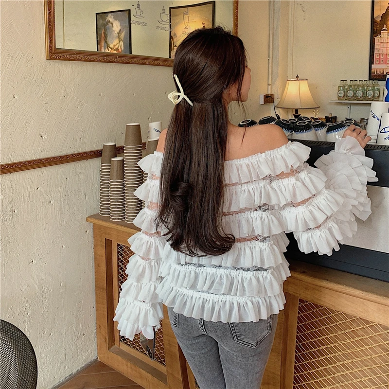 

Lace Chiffon Ruffles Autumn Sexy Style Women's Clothing Shirts Slash Neck Off Shoulder Blouses Fashion Ladies Tops Club New