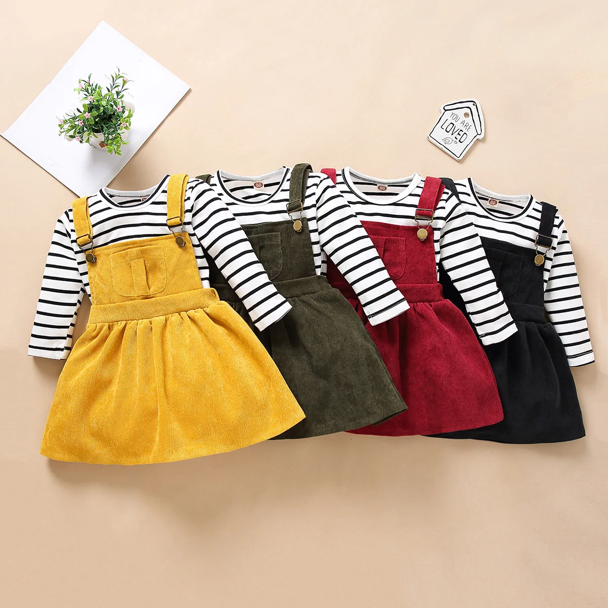 

Baby Girls Clothes 2Pcs Toddler Girl Outfits Spring/Fall Long Sleeve Skirt Set Striped Corduroy Suspender Skirts Suit For Girls
