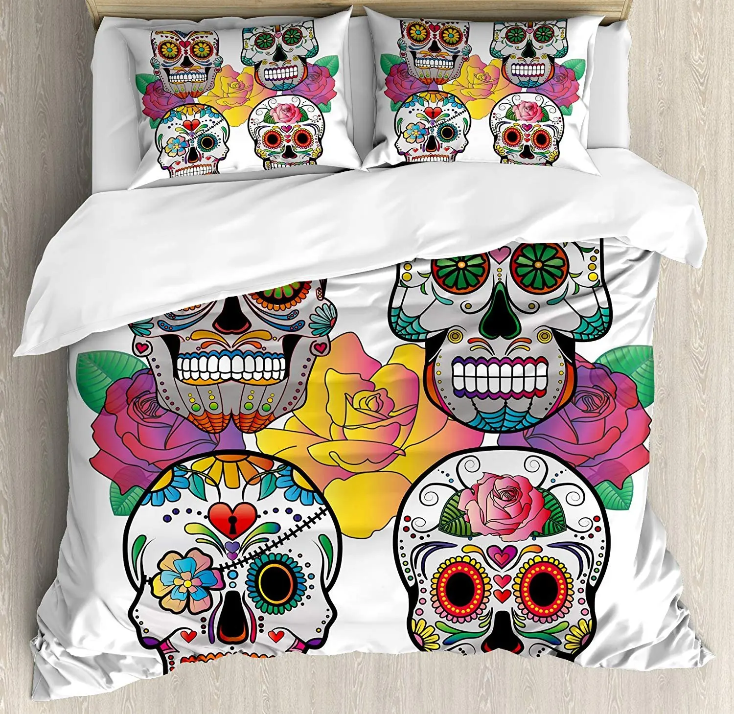 

Sugar Skull Decor Bedding Set Different Types of Skulls Rich Colorful Ornaments Roses Border Carnival Duvet Cover Pillowcase