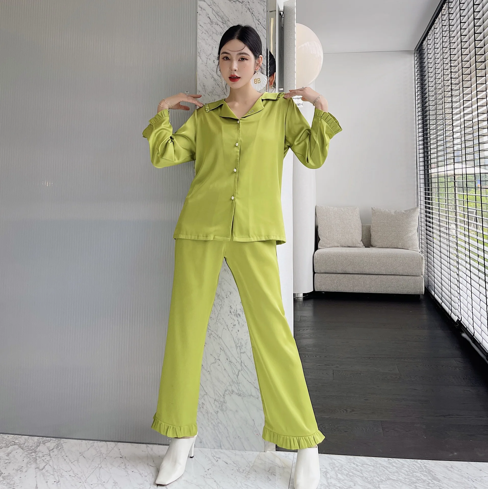 

FZSLCYIYI весна-осень рубашка с длинным рукавом с оборками и брюки Атласный пижамный комплект одежда для сна для невесты подружки невесты Сваде...