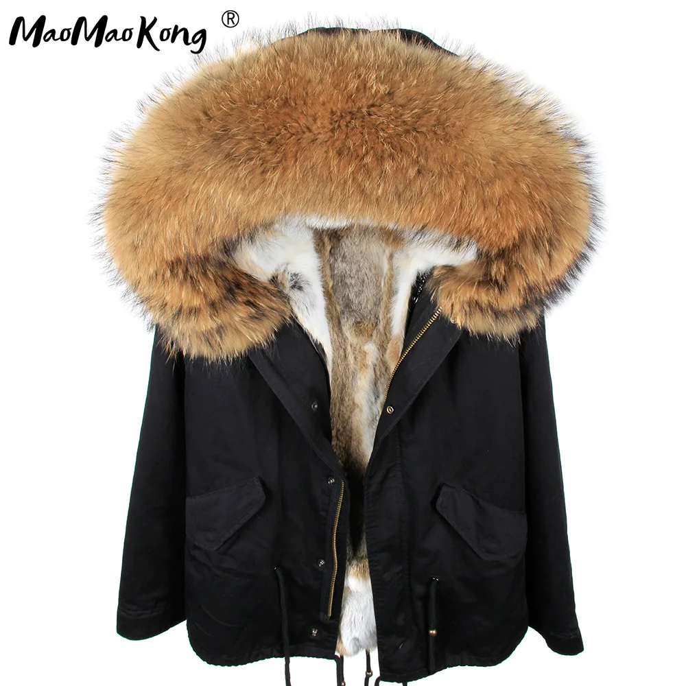

LIBIELIY woman army green Large raccoon fur collar hooded coat parkas outwear detachable rabbit fur lining winter jacket