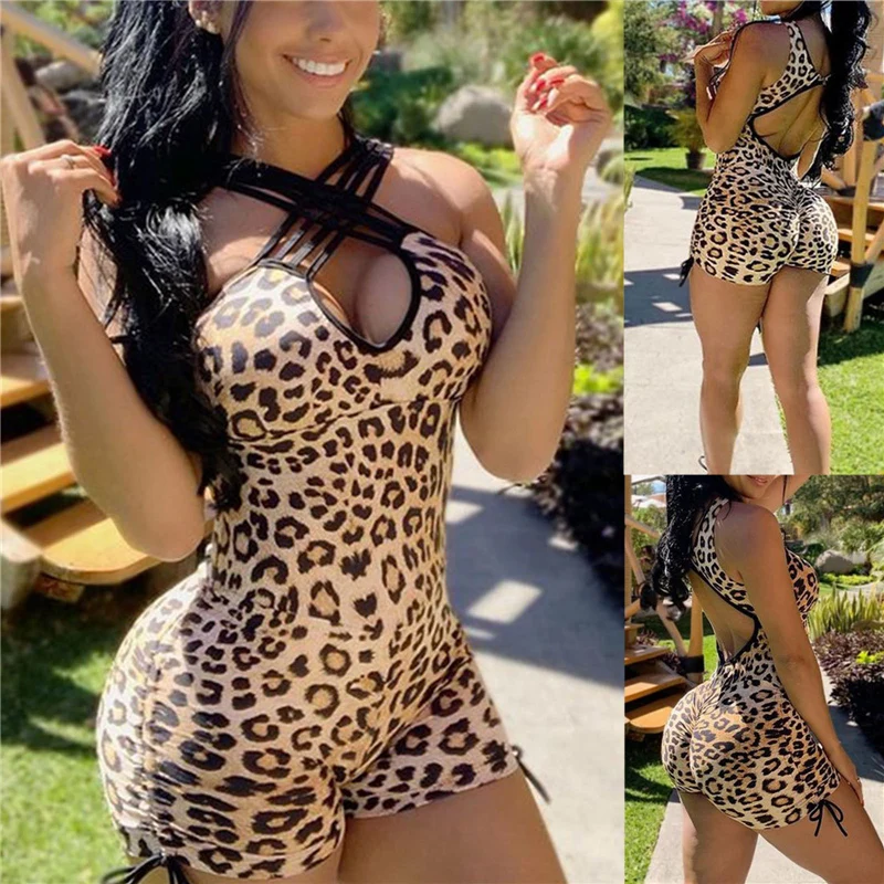 Женский Короткий комбинезон с леопардовым принтом короткий цвета хаки
