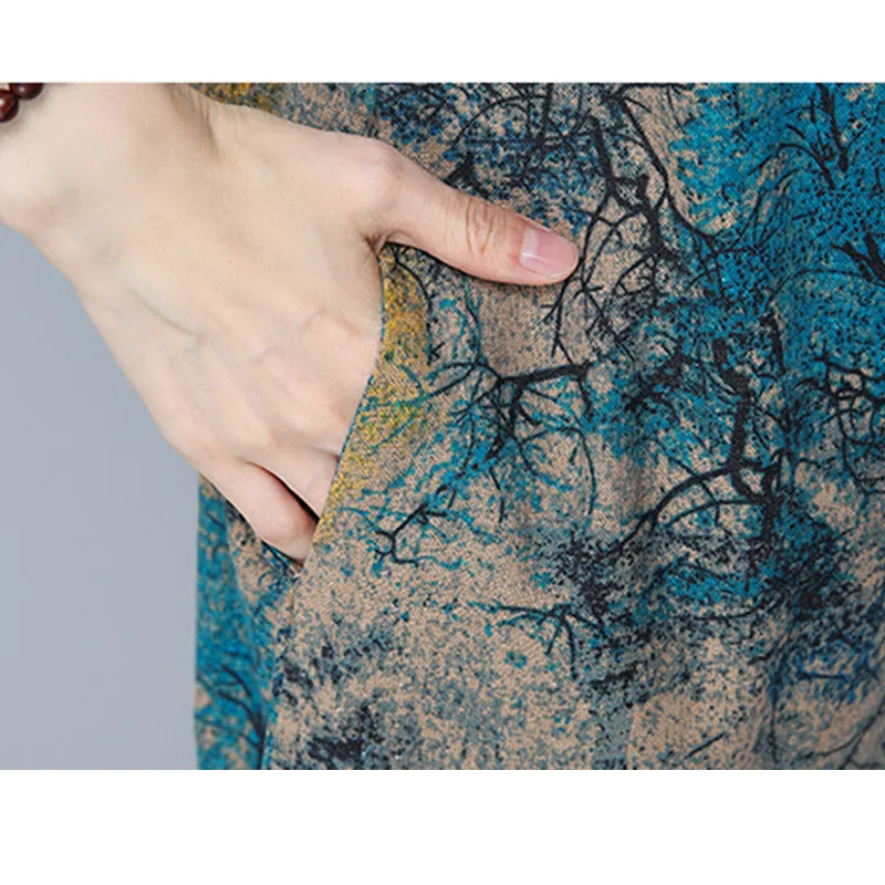 Женское хлопковое льняное платье винтажное пляжное с принтом свободное