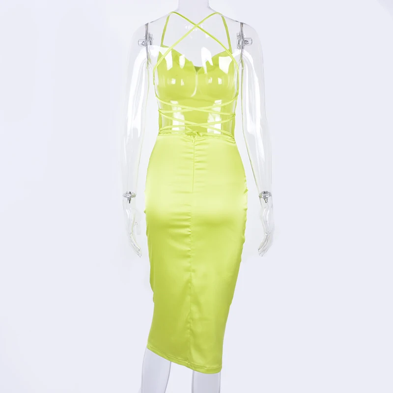 

2021 Fashion Summer Hugcitar Spaghetti Straps High Waist Neon Green Silk Backless Sexy Dresses Women Party Streetwear Solid 2