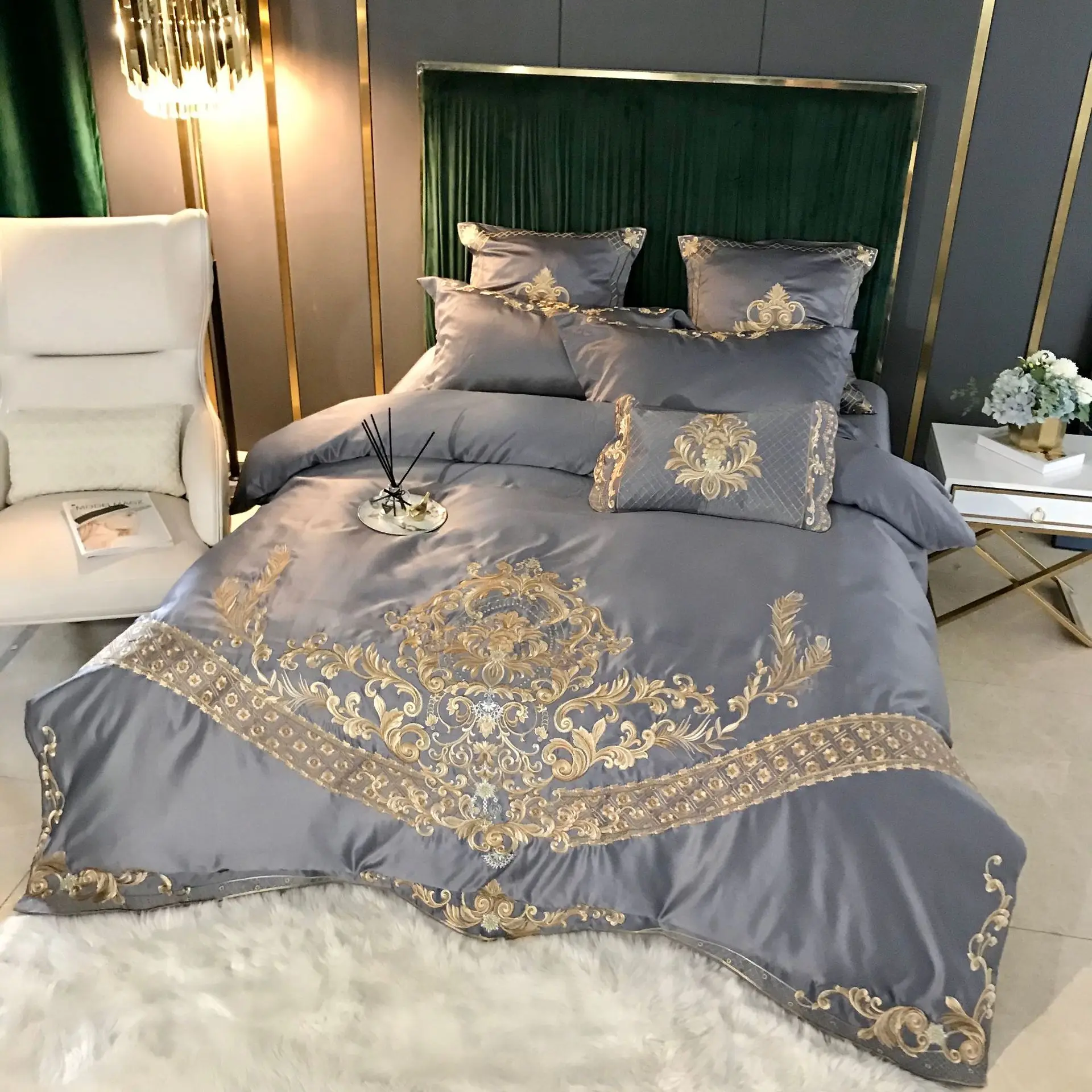 

Embroidery Summer 4PCS A side washed silk and B side cotton Luxury High-grade Bed Linen Bed Sheet Ice Silk Duvet Cover Bedding