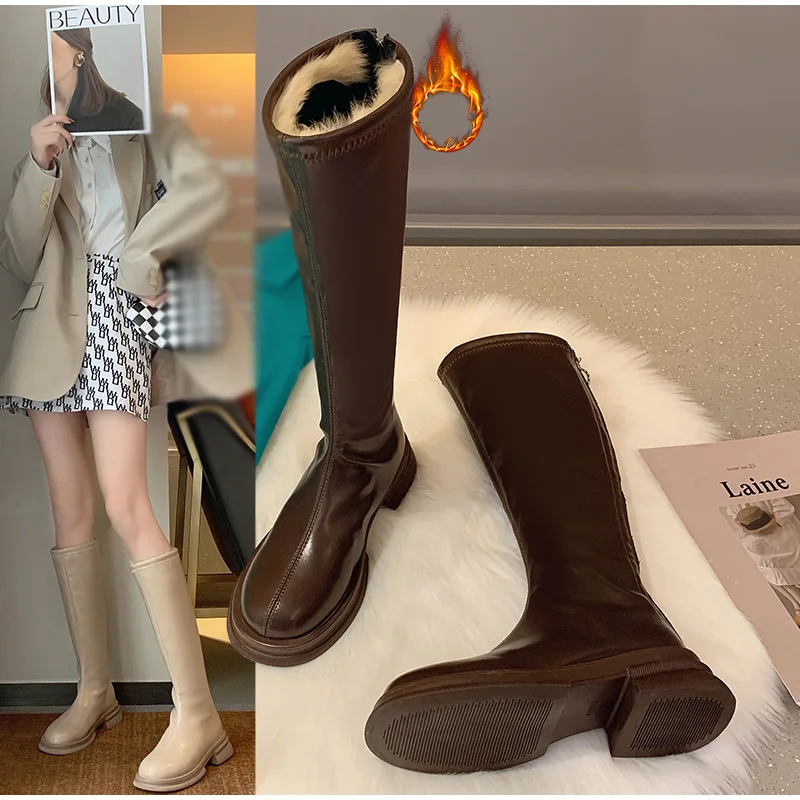 

Женские длинные сапоги, теплые мягкие плюшевые сапоги до колена, кожаные низкие каблуки, повседневные короткие сапоги на молнии сзади с кру...