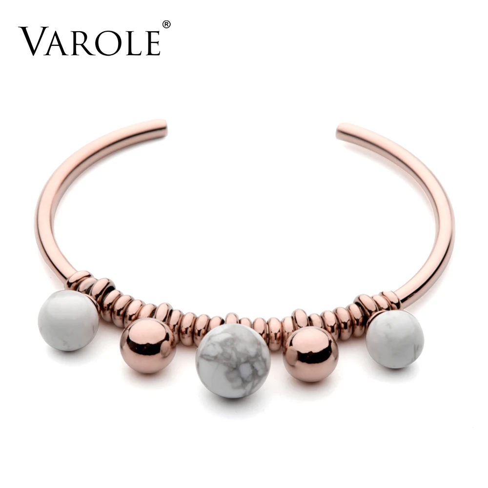 Rose Gold VAROLE, белый мрамор, калаит, шары, каффы, браслеты, летний браслет, золотой цвет, браслет для женщин, ювелирные браслеты, pulseiras feminina - Окраска металла: Rose Gold