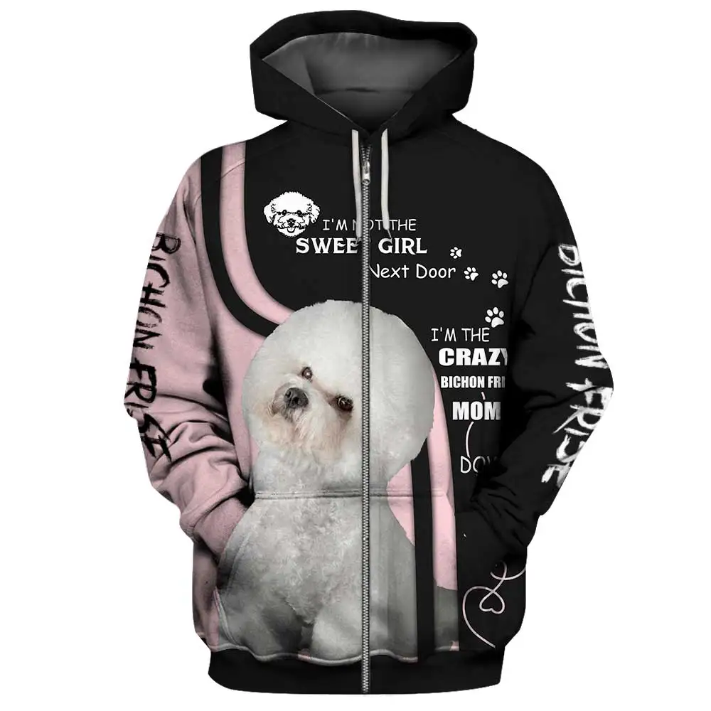 3D Casual Hoodies Crazy Dog Mom Animal Bichon Frise Unisex Spring/Fall Harajuku For Men Zip Hooded Pullover Funny Sweatshirt