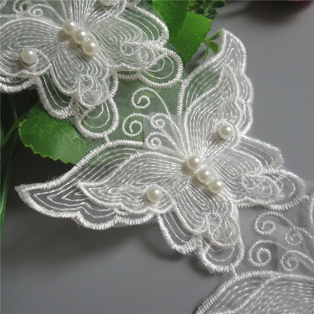 1 ярд белая жемчужная бабочка вышитая кружевная отделка Лента ткань лоскутное