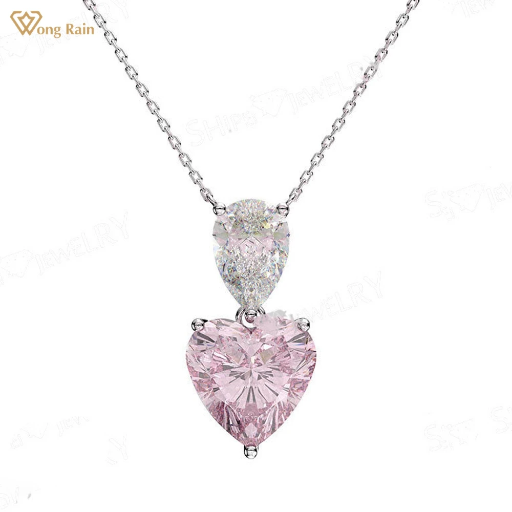 

Wong Rain 925 Sterling Silver 10 MM Heart Cut Pink Sapphire Created Moissanite Gemstone Romantic Pendant Necklace Fine Jewelry