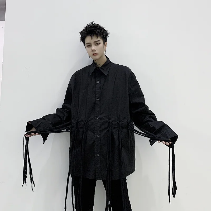Мужская рубашка с длинным рукавом японский стиль повседневная свободная лентой