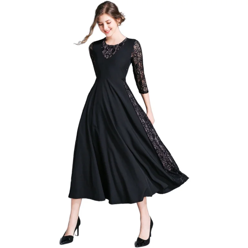 

Simgent Lace Patchwork Fit And Flare Dress Women Long Black Vintage Elegant Party Dress Vestidos Woman Clothing SG010151
