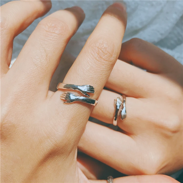 

2PCS Couple's Creative Love Hug Silver Color Ring Fashion Lady Open Ring Engagement Jewelry Gifts For Lovers Adjustable