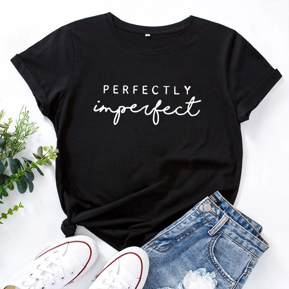 

PERFECTLY IMPERFECT Letters Graphic Print T-shirt Summer Short-sleeved Letters Harajuku Female Clothing Woman Hip-hop Top Tees