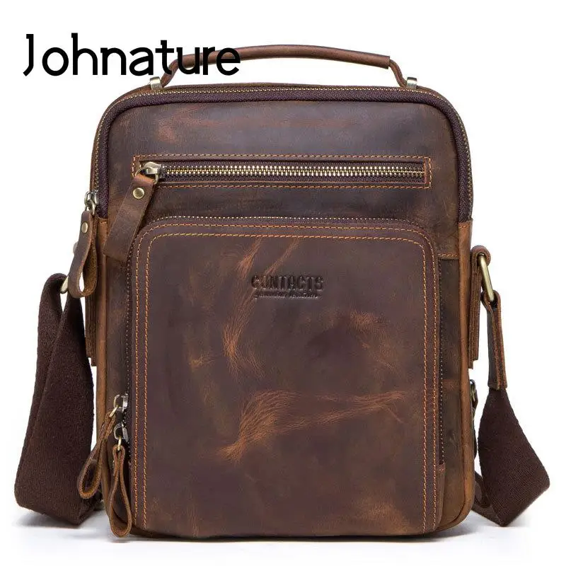Johnature 2022 New Genuine Leather Bags For Men Versatile Crazy Horse Cowhide Leisure Solid Color Man Shoulder & Crossbody Bags