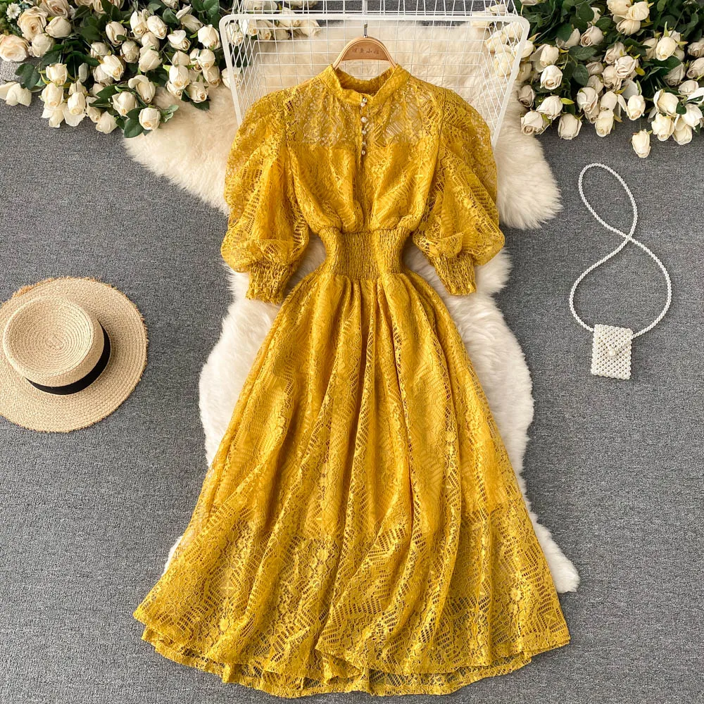 

Vintage Women Lace Dress Spring Autumn Stand Collar Puff Sleeve High Waist Party Robe Female Elegant Green/Purple Midi Vestidos