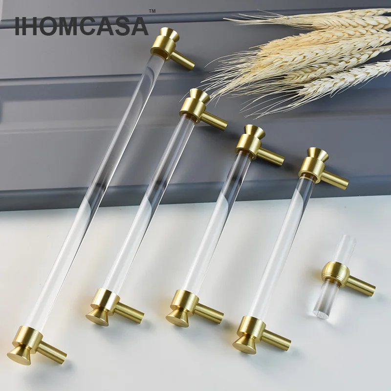 IHOMCASA 2022New Modern Acrylic Crystal Furniture Handles Wardrobe Cupboard Cabinet Pulls Drawer Door Knobs Kitchen Gold Brass - купить по