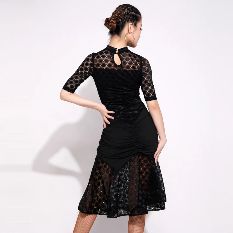 

New Latin Dance Dress Female Medium Sleeve Sexy Mesh Lace Exercise Clothes Charleston Dress Women'S Samba Dance Costumes DL4904