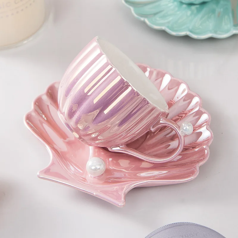 

Nordic Pearl White Pink Green Sea Shell Cups and Saucers Ceramic Coffee Or Tea Cup Set Best Gift Ideas Kitchen Home Office Decor