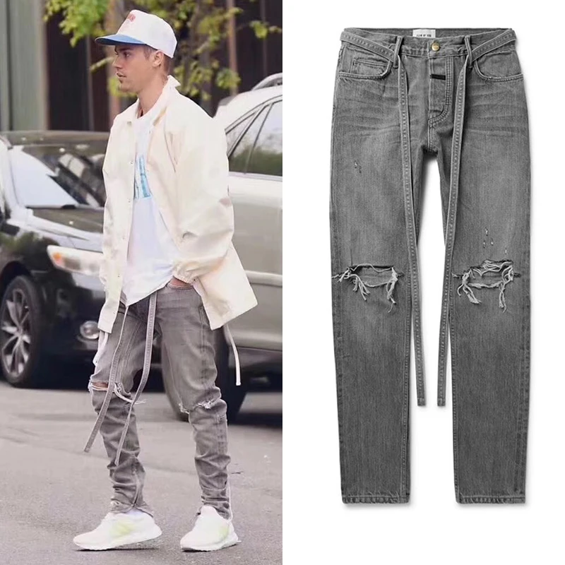 

Bieber Vintage Slim Fit Jeans High Street Washed Distressed Ripped Jean for Mens Gray Blue Sashes Ankle Zip Denim Pant 2021