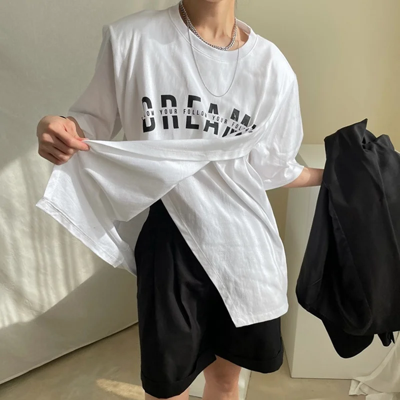 

Tops Korean Chic Small Round Neck Loose Set Head Letter Printing Irregular Split Design Short Sleeve T-shirt for Women