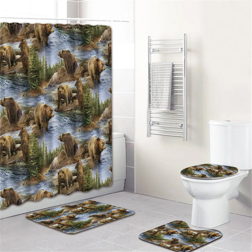 

Home Decor Toilet Bathroom Mat Set Water-proof Shower Curtain 3D Printing Tiger 4pcs/set Bathroom Set with Shower Curtain Rugs