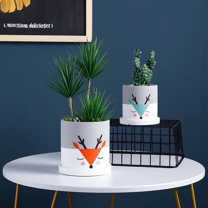 Домашние керамические цветочные горшки с милым оленем мясистые зеленые для