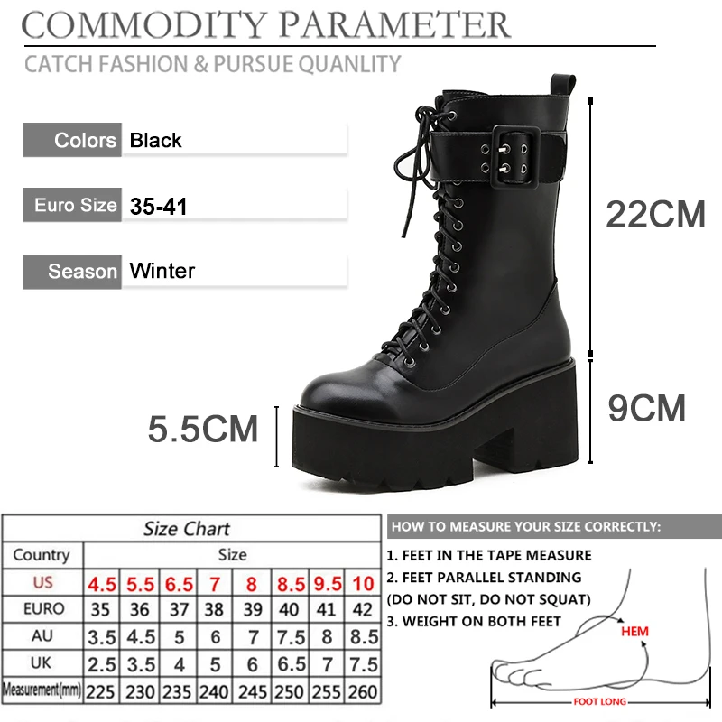 

BYQDY New 2021 Winter Punk Gothic Mid-Calf Boots Women Fashion Black Platform Winter PU Large Size 41 Military Boots Wholesale