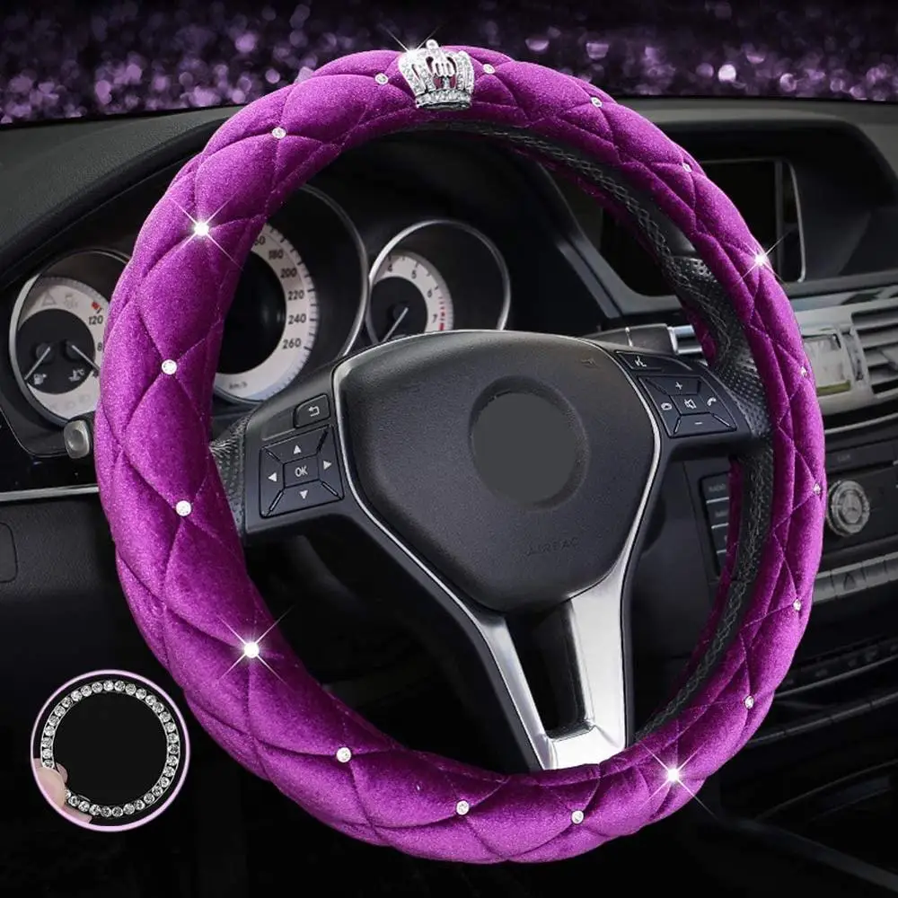 

Velvet Steering Wheel Cover 15 Inch Crystal Bling Bling Rhinestones Crown Car Diamond Anti-Slip Steering Wheel Cover for Women