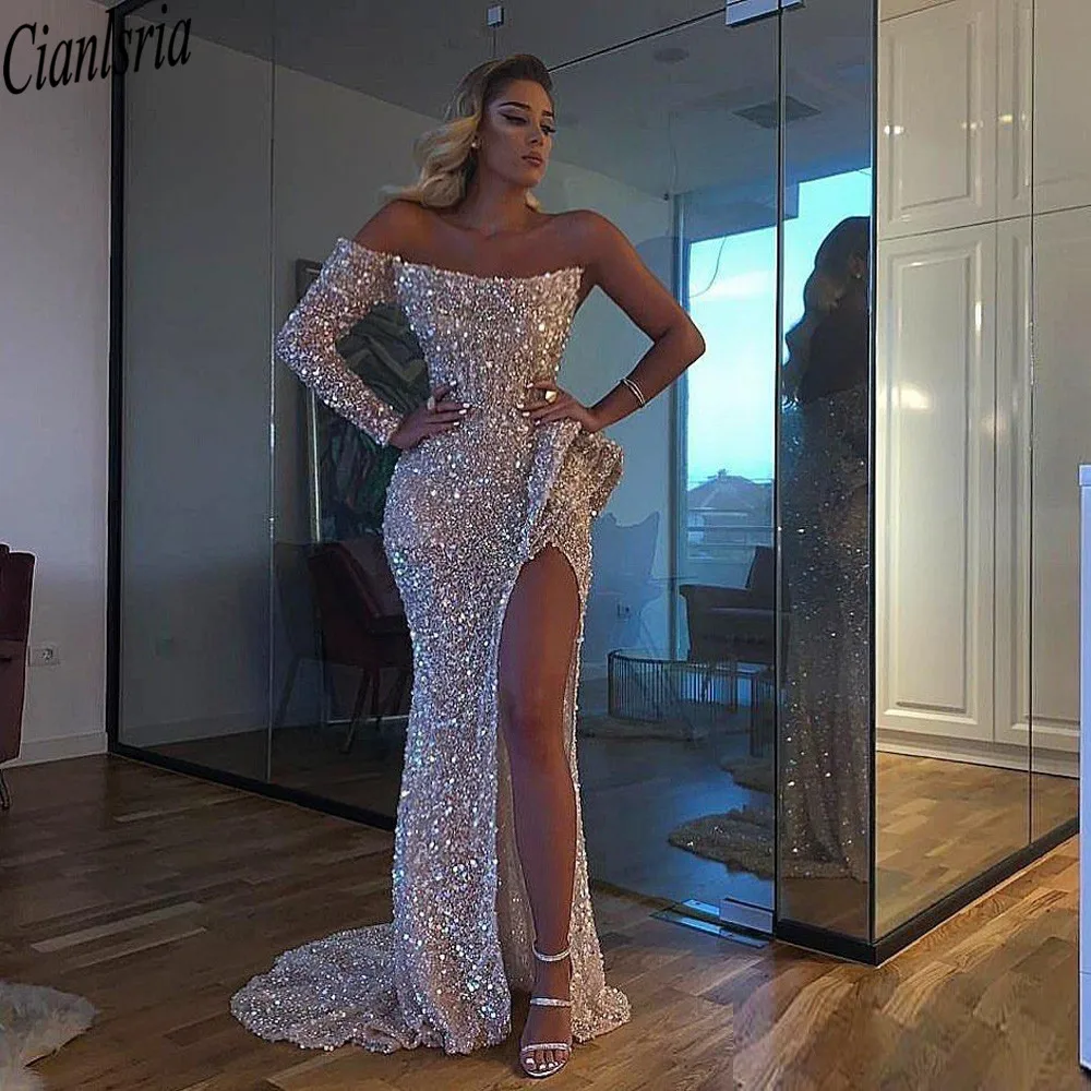 

Vestido de fiesta Sexy Aso Ebi арабские золотые Светоотражающие платья для выпускного вечера с высоким разрезом вечерние платья с блестками для официал...