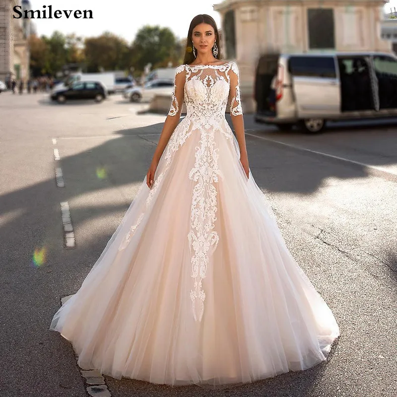 Smileven Princess Wedding Dress Half Sleeve Appliqued Lace Bridal Dresses Backless Vestido De Noiva Corset Wedding Gowns