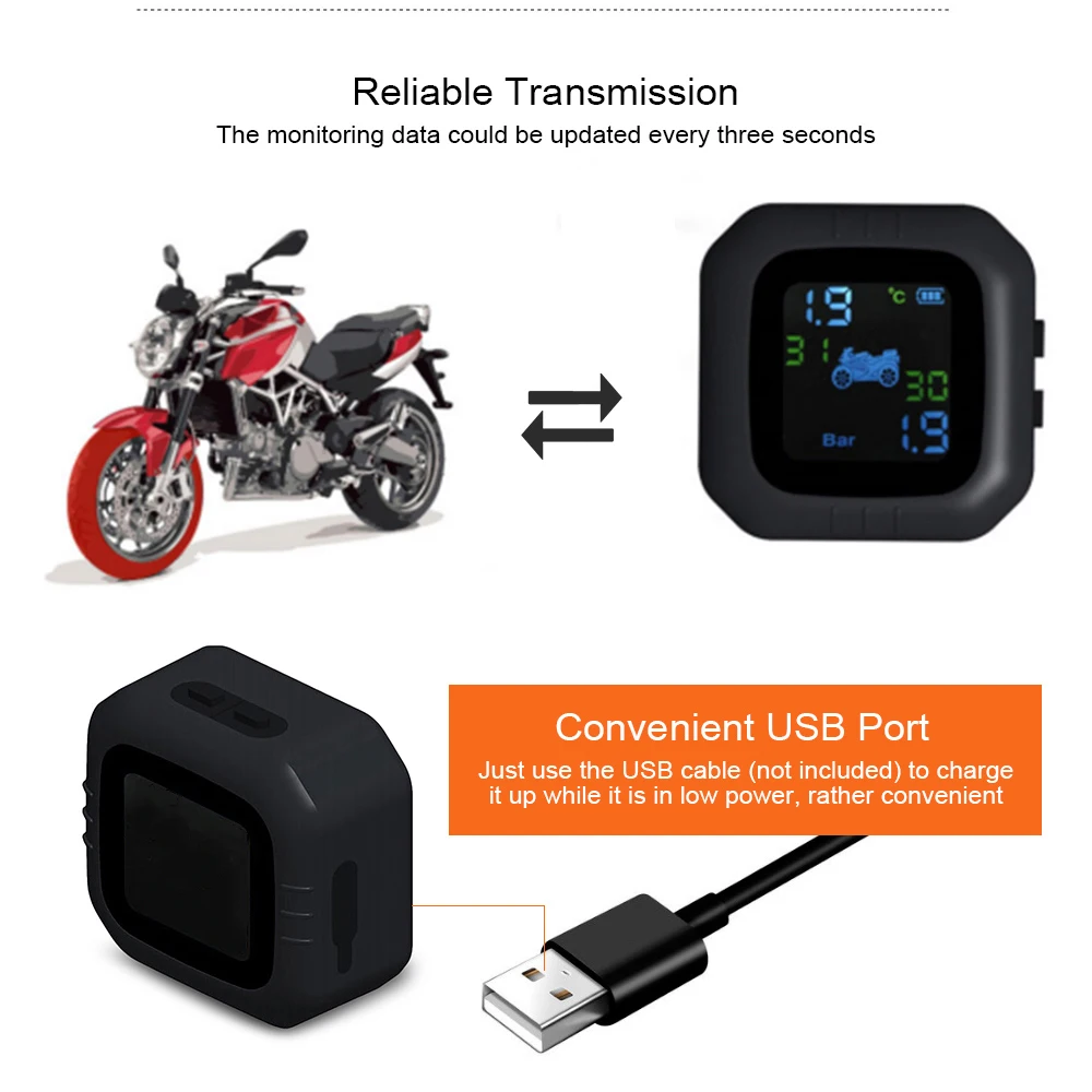 Zeepin Motorcycle TPMS USB Charging LCD Screen Display Real-time Motorbike Tire Pressure Monitoring System with 2External Sensor |