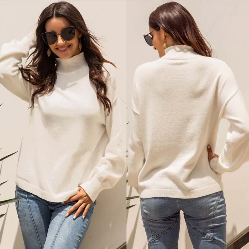 Осенний белый шерстяной свитер WHZHM с высоким воротником женские Зимние