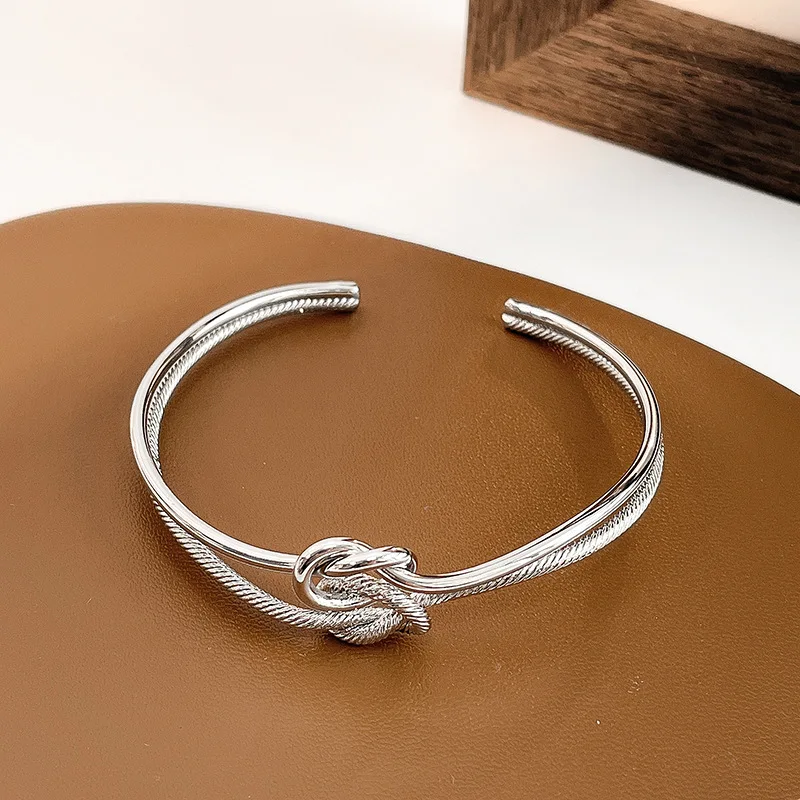 

Stylish Double Layers Silver Color Hollow Metal Bracelets for Women Girls Huggie Knotted Open Bracelets Simple Accessories