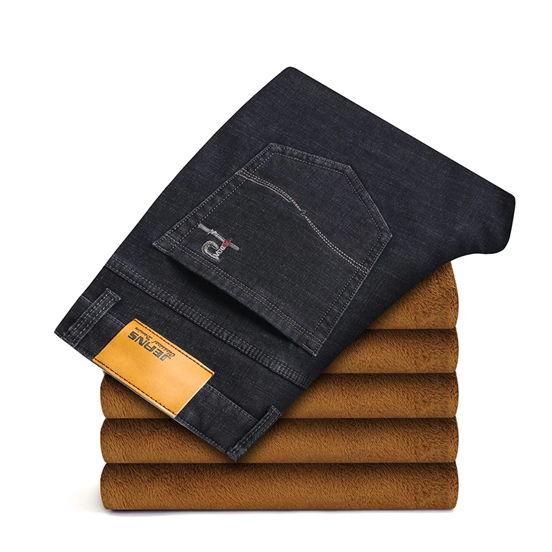 Новинка мужские зимние джинсы теплые облегающие джинсовые штаны черные синие