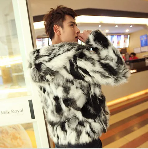 

Men's Imitation Fox Coat New Short Hooded Design Eco-friendly Fur Overcoat Men Thick Faux Leather Wool Male Outerwear 6XL