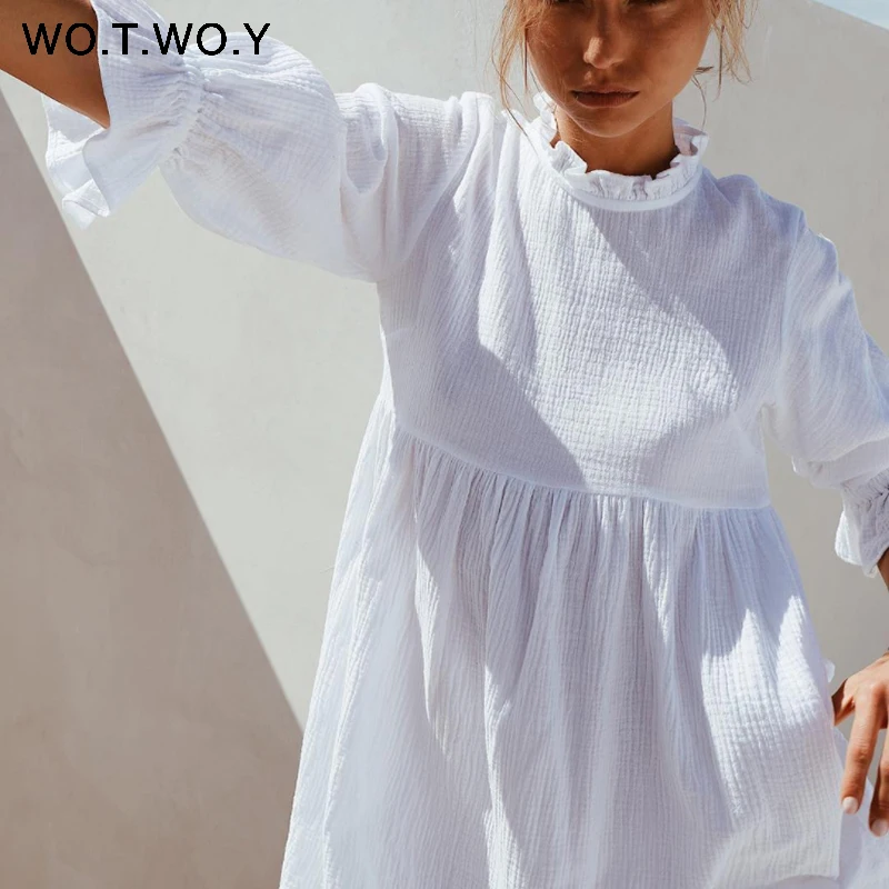 Женское платье рубашка с оборками WOTWOY белое повседневное хлопковое мини