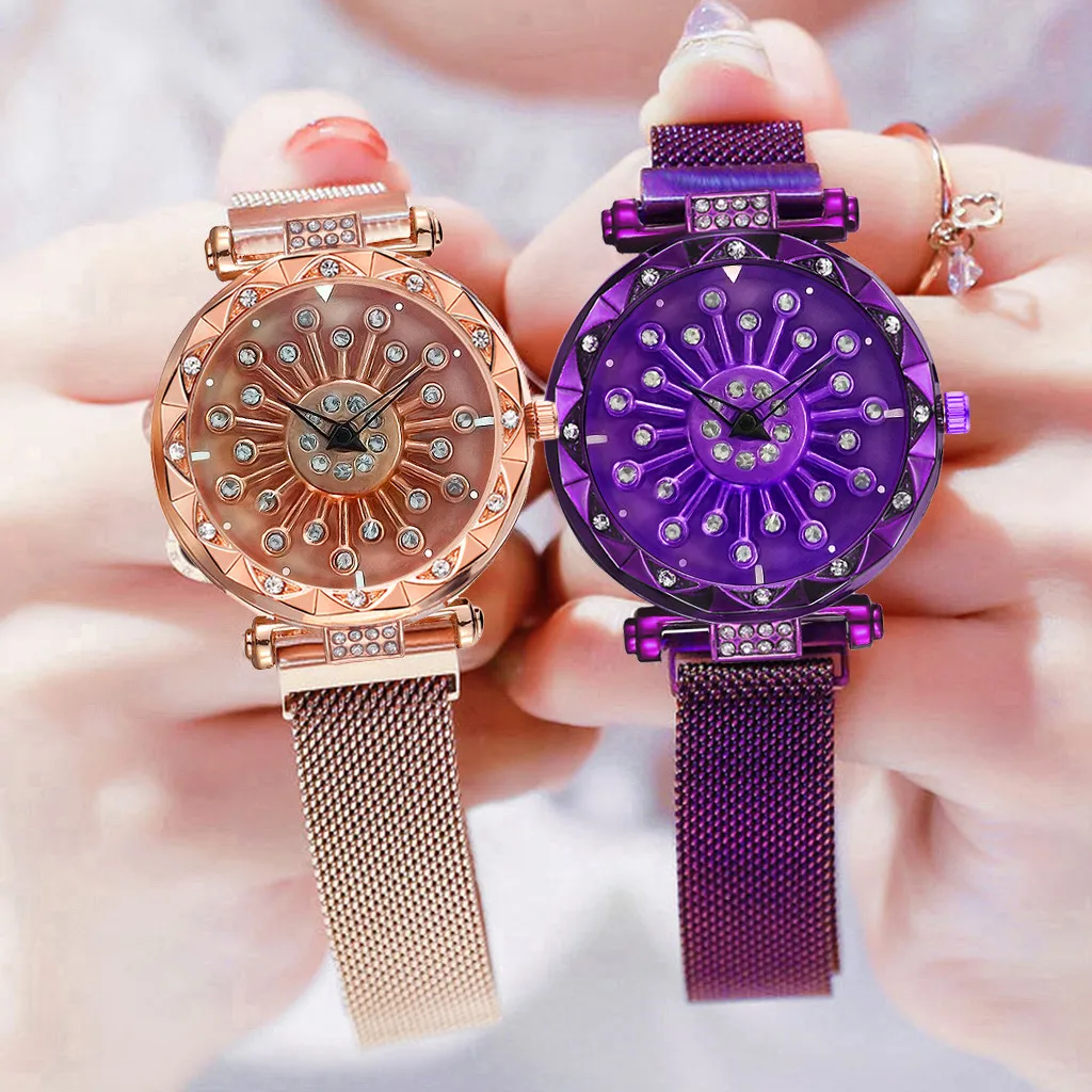 Vansvar женские часы 360 Вращающийся счастливый цветок сетка Магнитная застежка