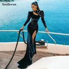 Сексуальное черное вечернее платье Smileven с длинным рукавом и высоким воротником, вечерние платья с бусинами и кристаллами, платье для вечеринки, платье для выпускного вечера с разрезом