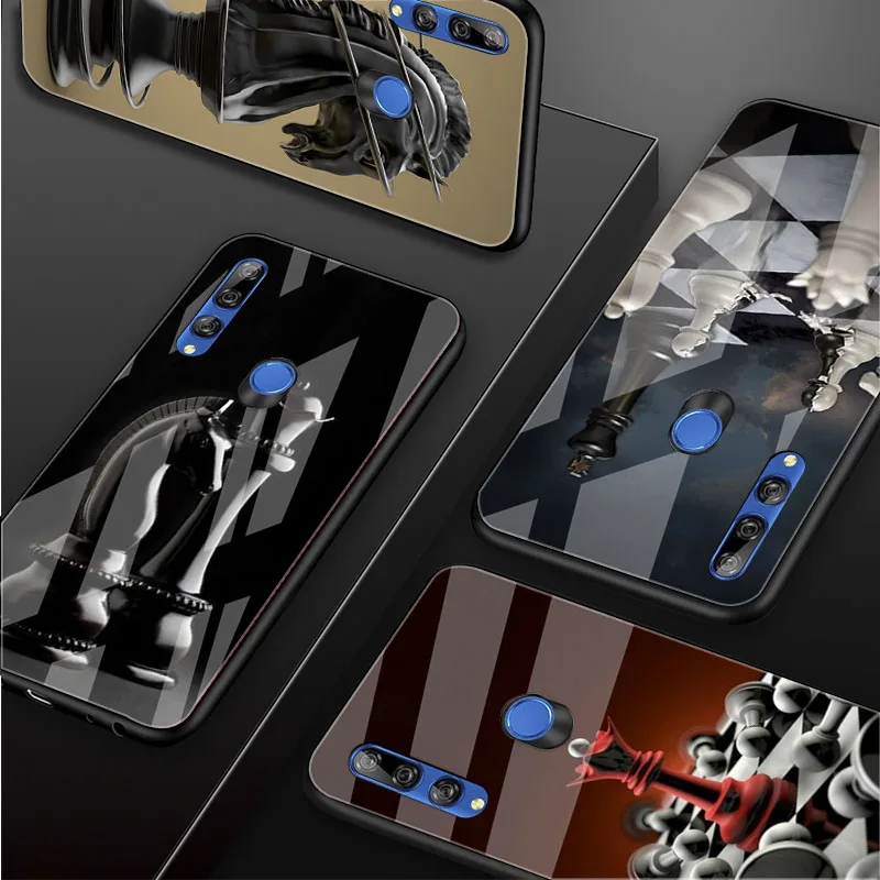 Черно белый шахматный чехол из закаленного стекла для телефона Huawei honor 8X 9 10i 20i 20Lite