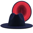 Шляпа в стиле пэчворк из шерсти и фетра, простая темно-синяя джазовая Федора с красной нитью, шляпа с широкими полями для вечерние и женщин, модная ковбойская Трилби