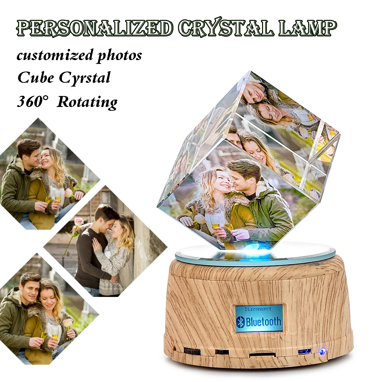 

Customize Crystal Photos Led Lamp Gift Cube Crystal Photo Frame 7 Color LED Bluetooth Music Speaker Rotating Night Light Gifts